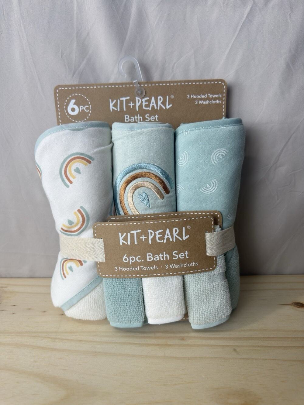 Kit + Pearl Baby Bath Set 6 Pc Blue Rainbow 3 Hooded Towels 3 Washcloths NWT